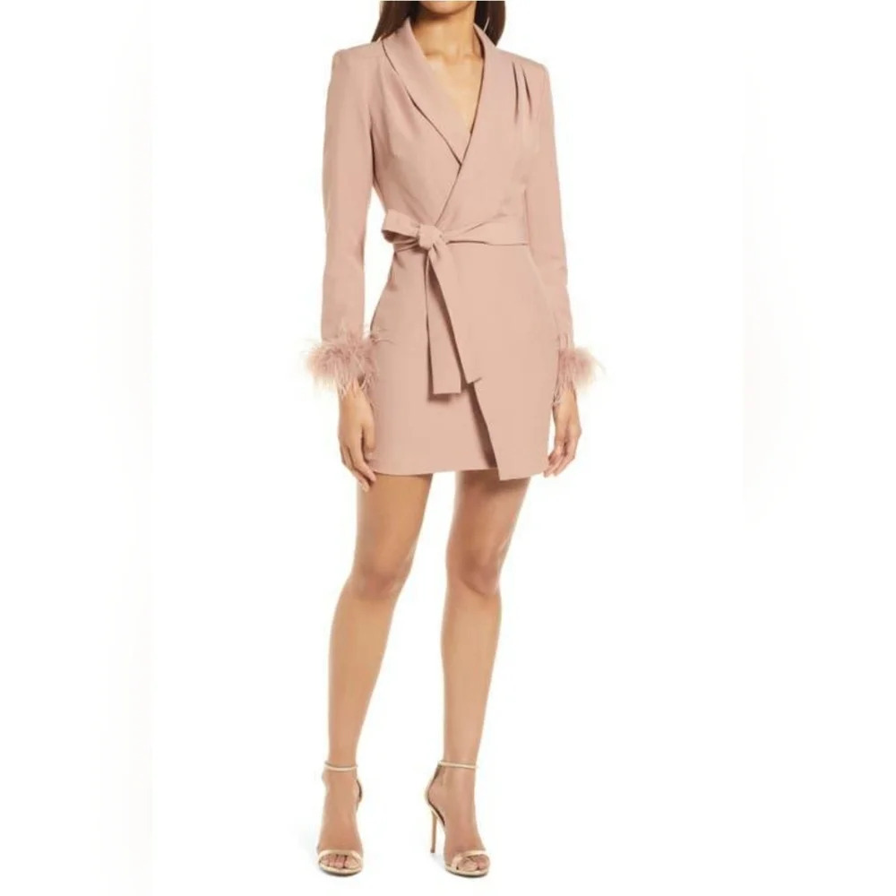 Lavish Alice Feather cuff faux wrap blazer Mini Dress Tan 2 wedding Guest Formal